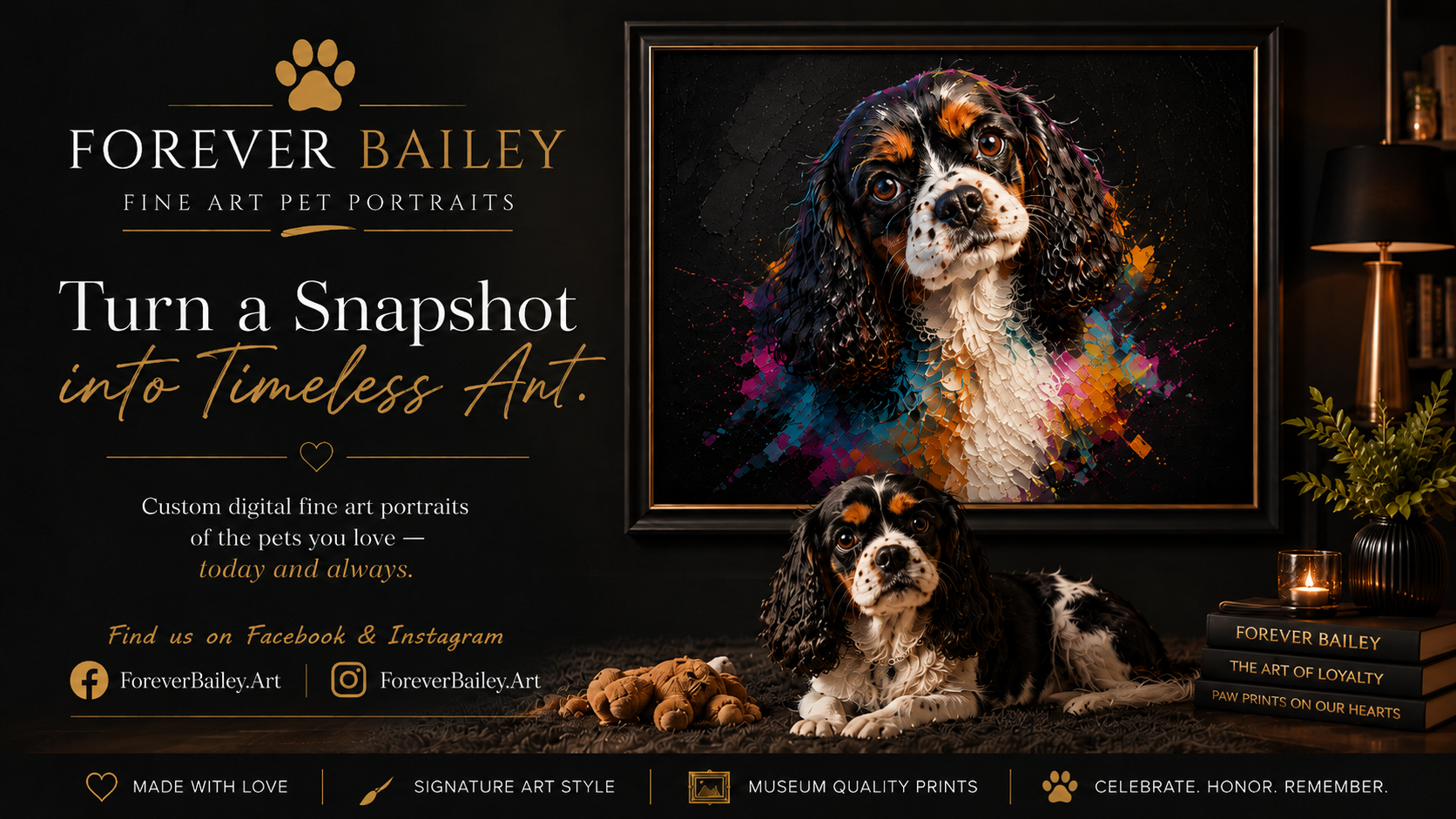 Coco beside a finished colorful Forever Bailey portrait